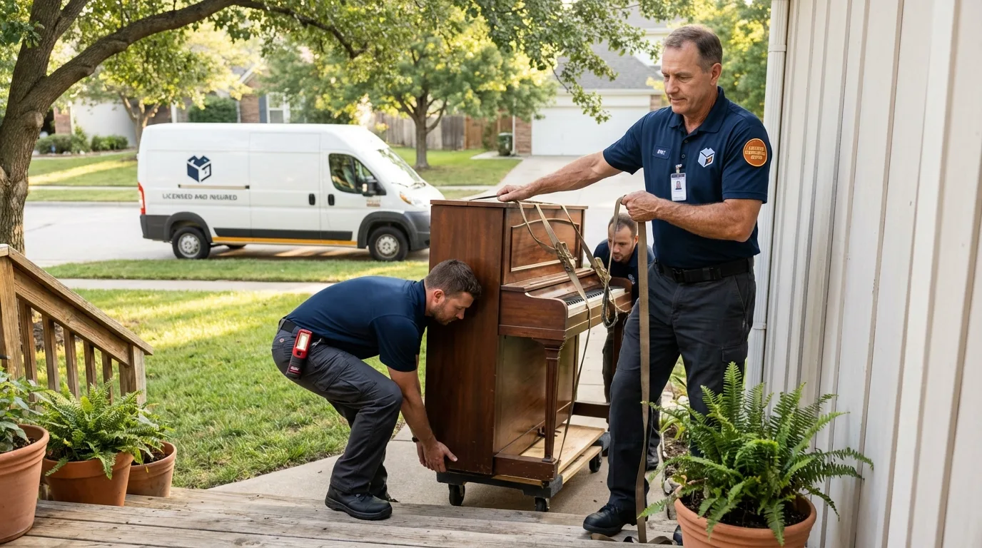 Licensed piano movers securing grand piano in Kennedale, TX
