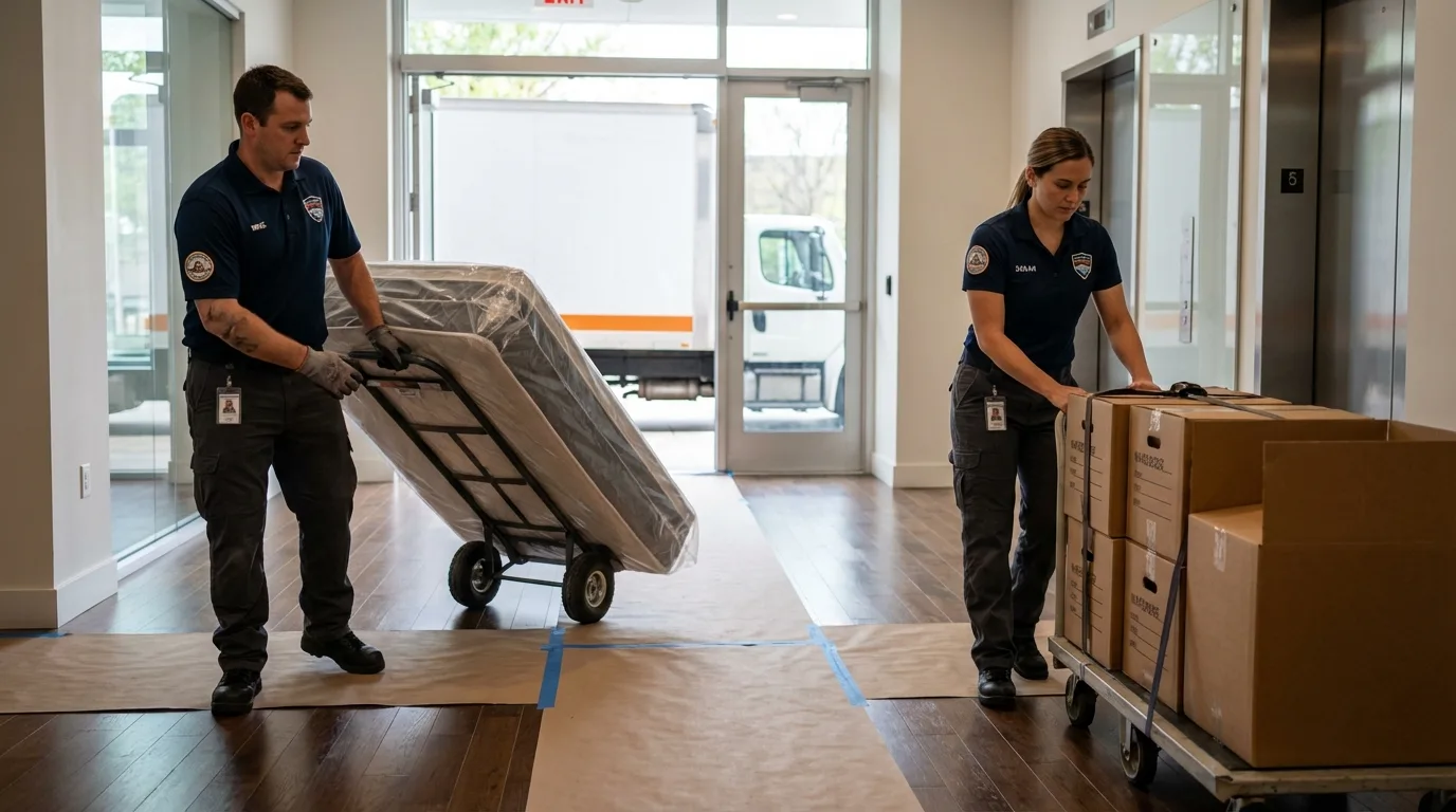 Professional apartment movers loading elevator in Kennedale, TX